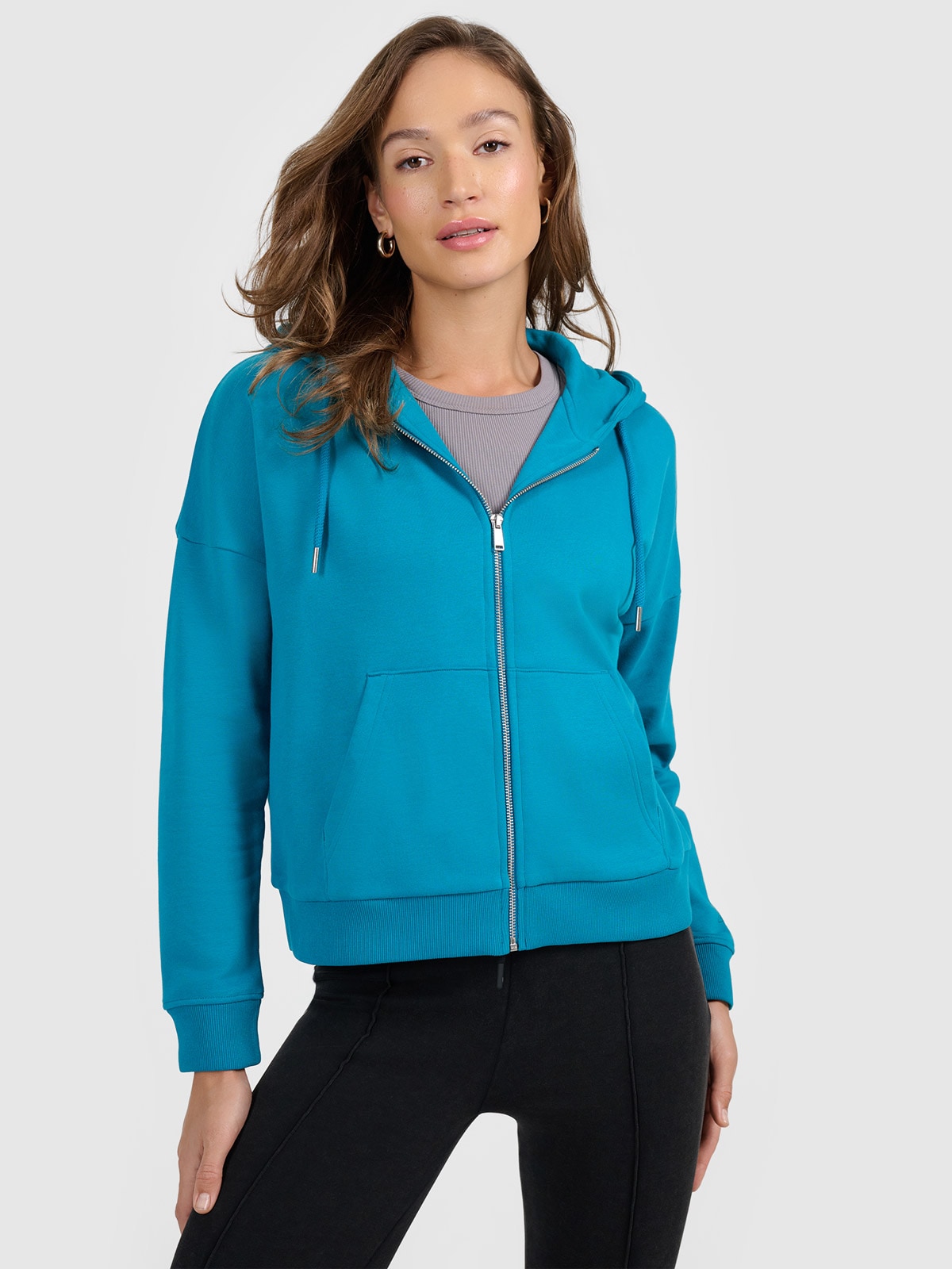 Moteriškas sportinis atsegamas džemperis su gobtuvu - turkio spalvos