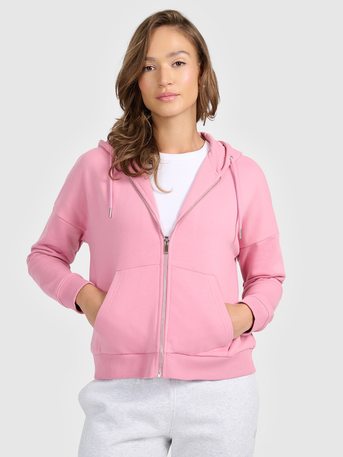 Moteriškas sportinis atsegamas džemperis su gobtuvu - rožinis