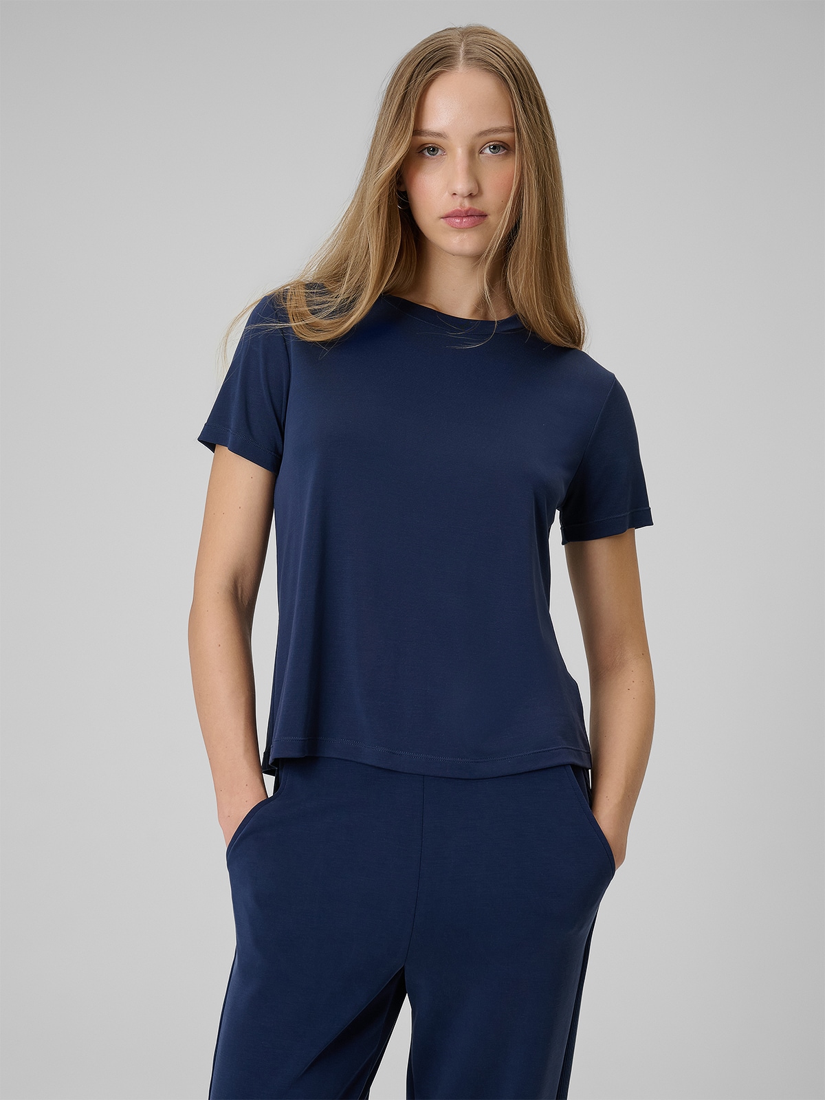 Moteriški regular marškinėliai be rašto - tamsiai mėlyni