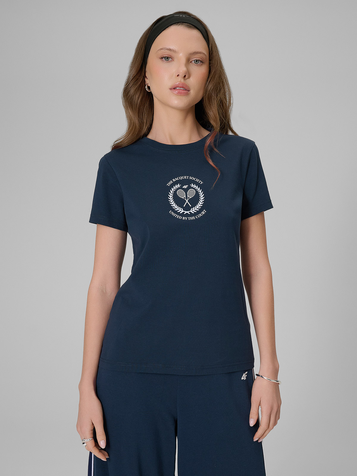 Moteriški T-shirt slim marškinėliai su spauda - tamsiai mėlyni