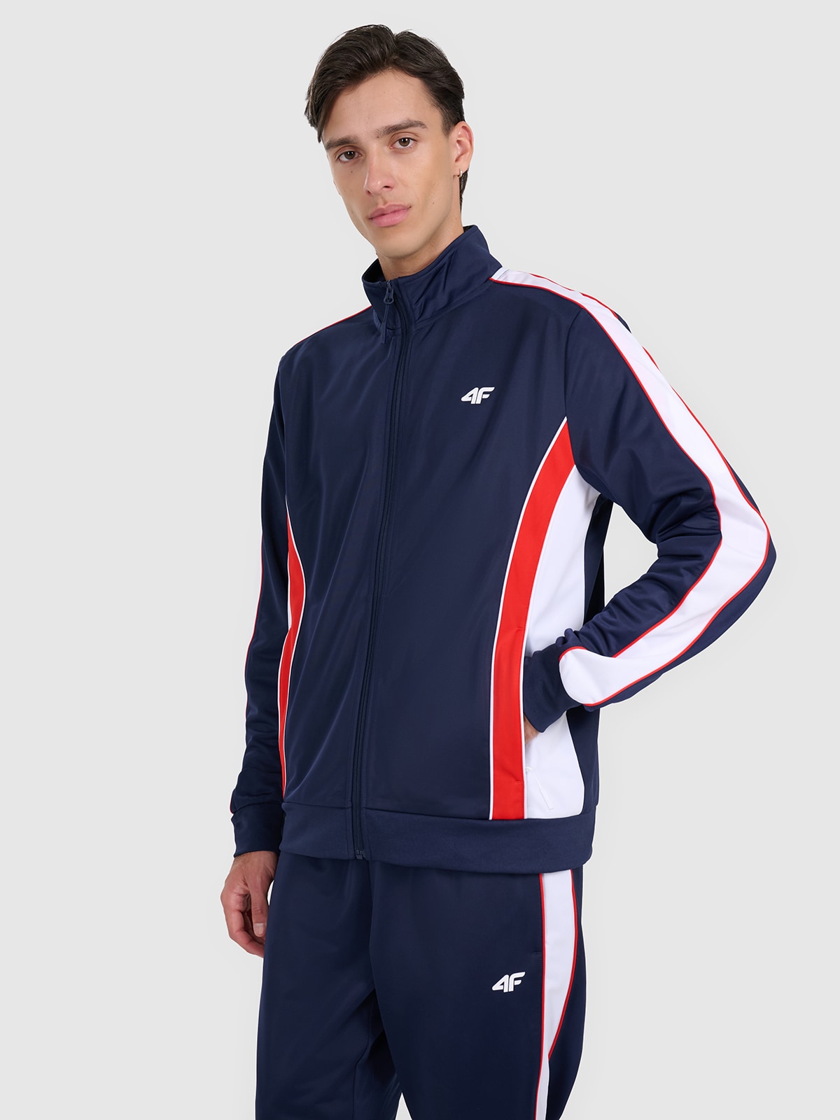 Vyriškas sportinis atsegamas džemperis be gobtuvo - tamsiai mėlynas