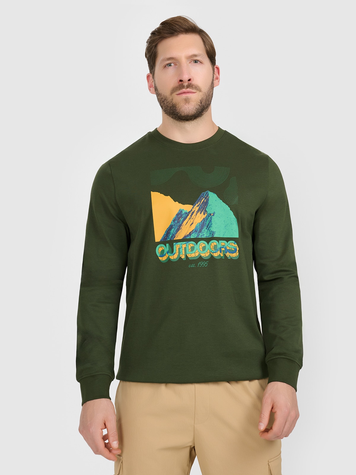 Vyriški longsleeve marškinėliai su spauda - khaki spalvos