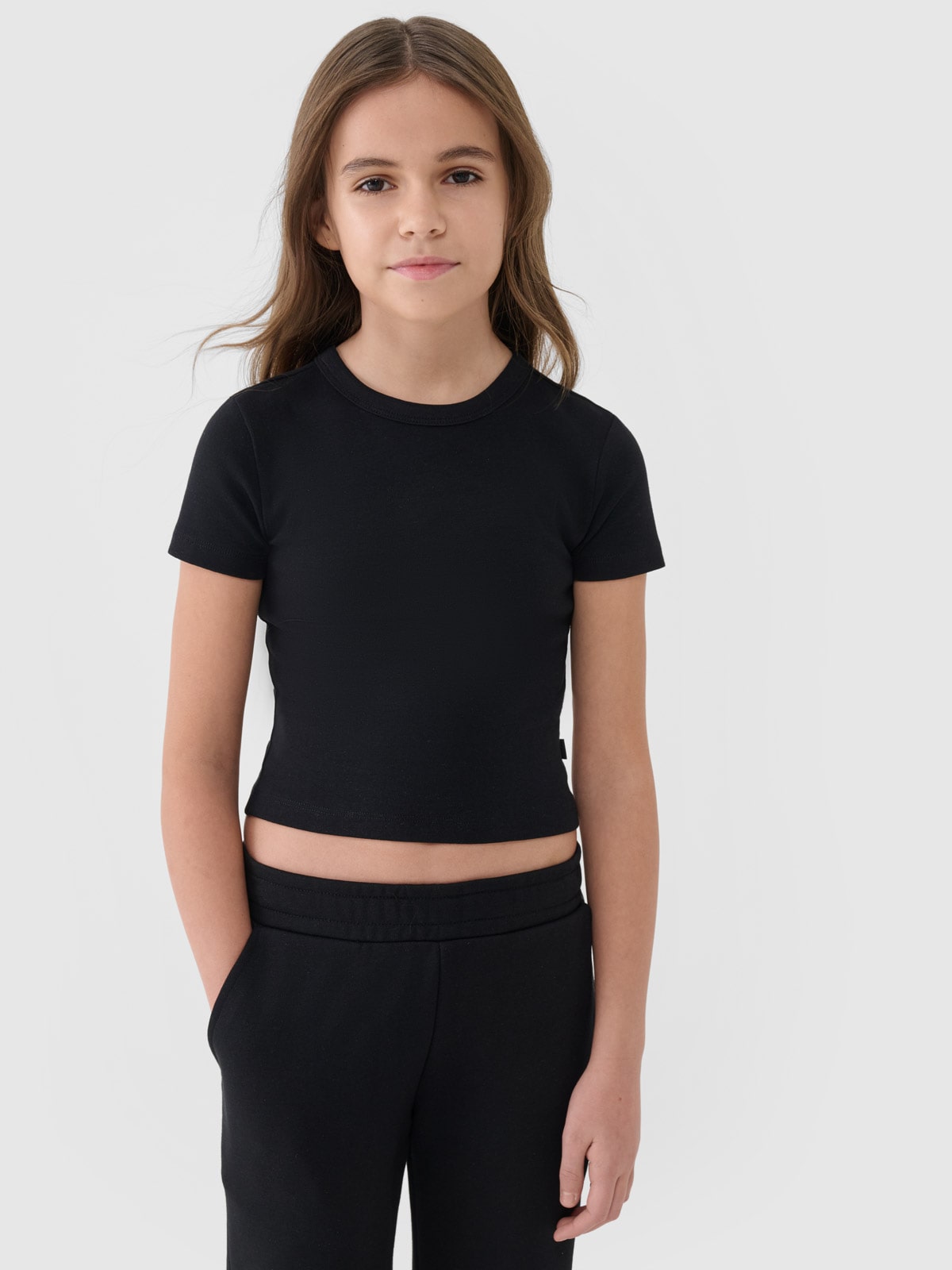 T-shirt slim crop - top lygus marškinėliai mergaitėms - juoda 