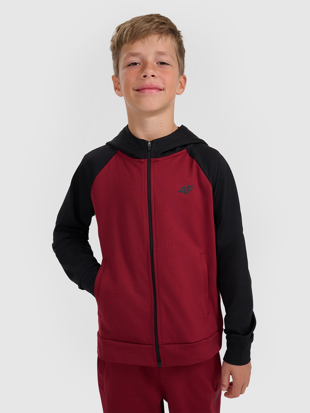 Sportinis atsegamas džemperis su gobtuvu berniukams - bordinis