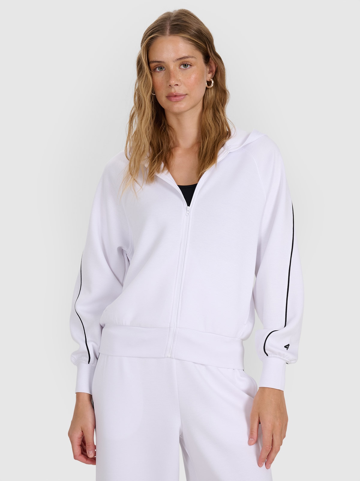 Moteriškas sportinis atsegamas džemperis su gobtuvu - baltas