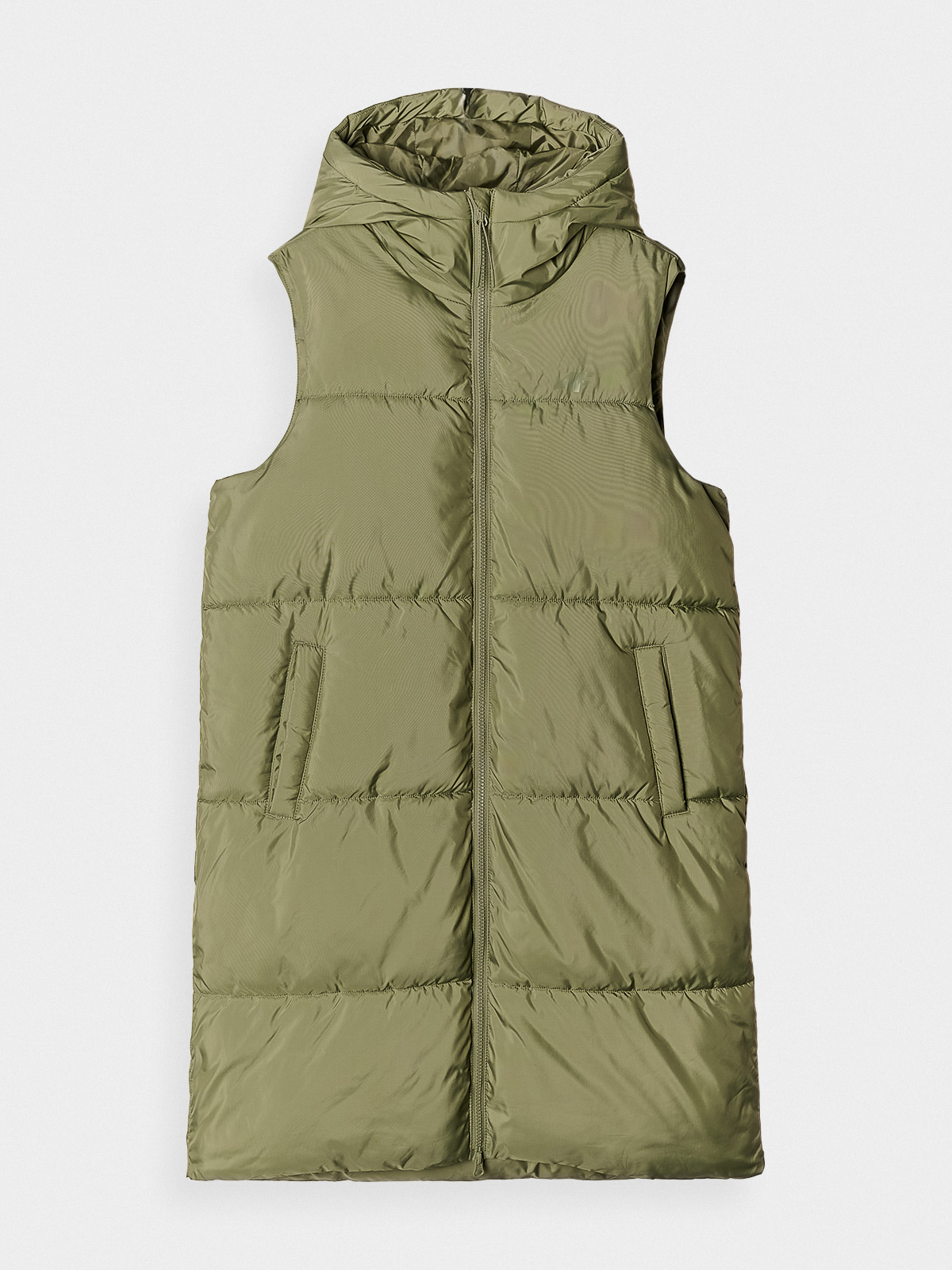 Moteriška ilga berankovė pūkinė dygsniuota striukė su gobtuvu - khaki spalvos