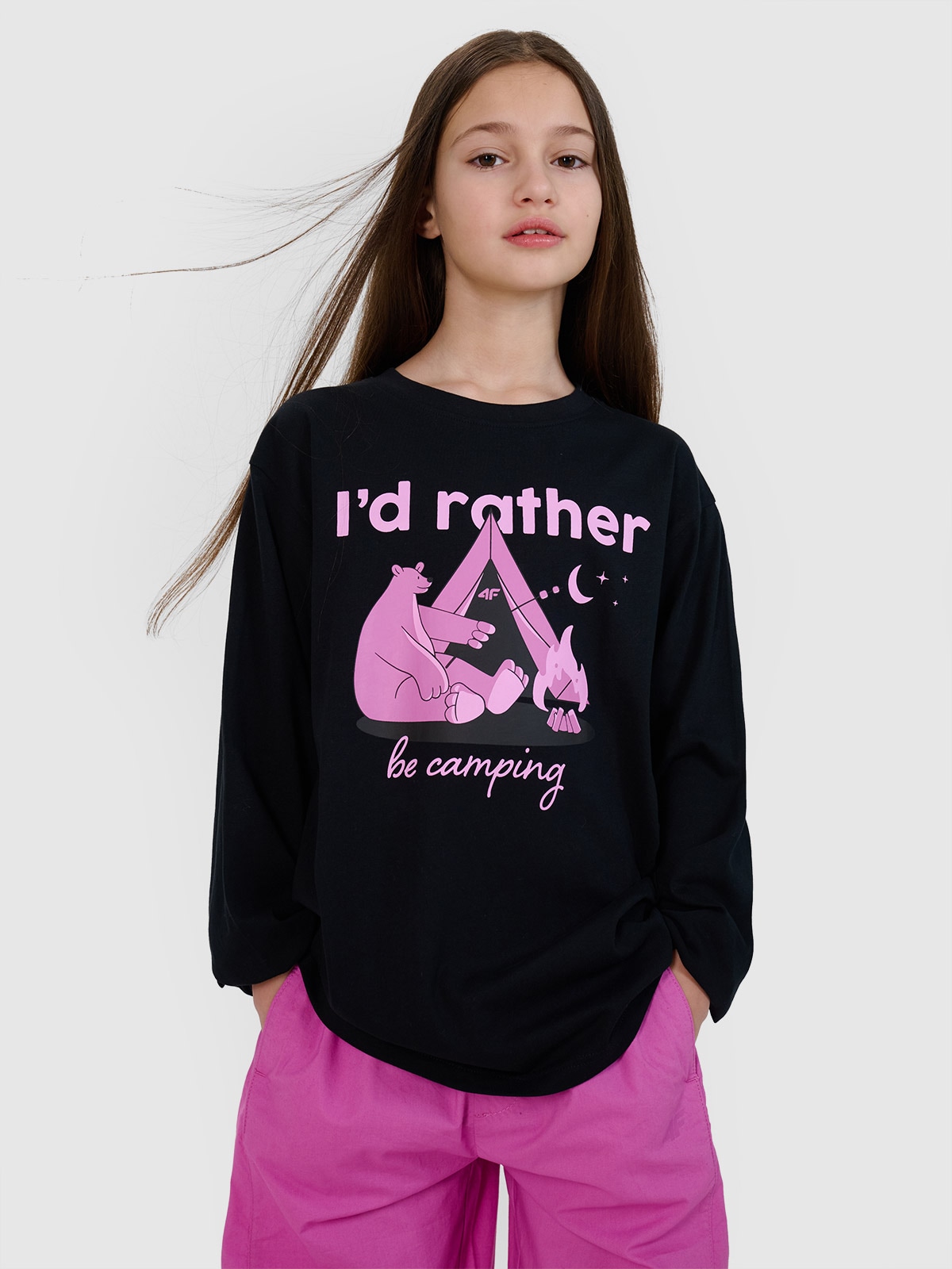 Longsleeve oversize marškinėliai su spauda mergaitėms - juodi