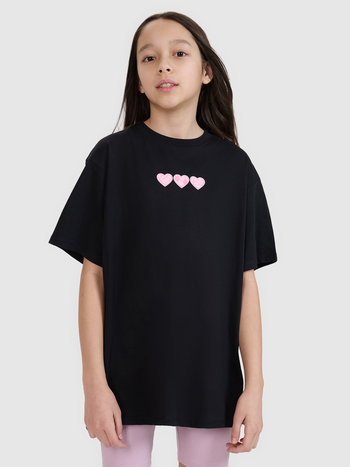 T-shirt oversize marškinėliai su spauda mergaitėms - juodi