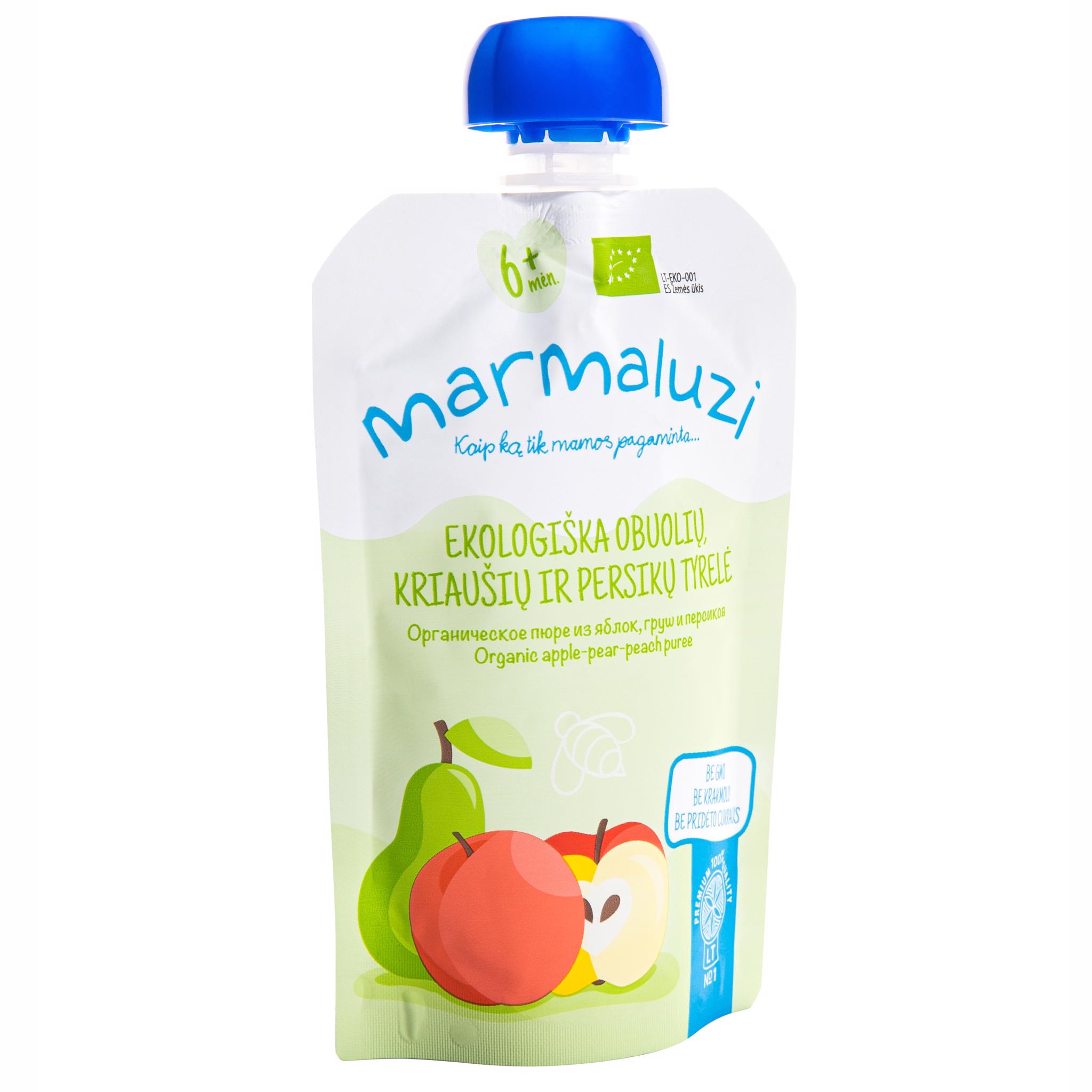 Ekol. obuolių, kriaušių, persikų tyrelė MARMALUZI (6+ mėn.), 90 g