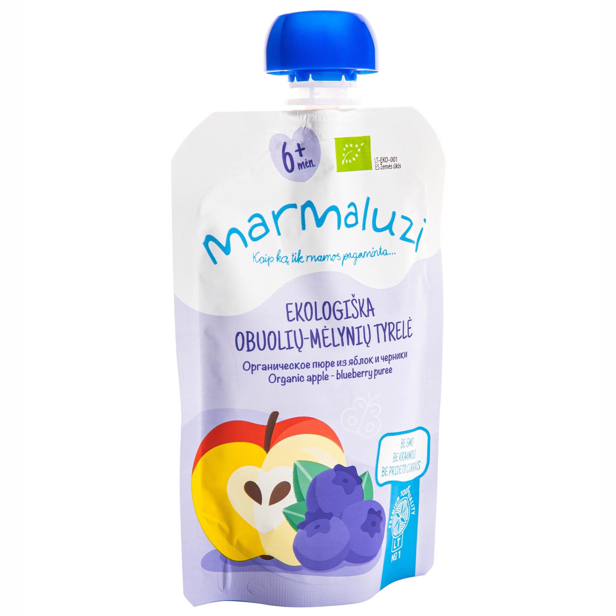 Ekologiška obuolių ir mėlynių tyrelė MARMALUZI (nuo 6 mėn.), 90 g