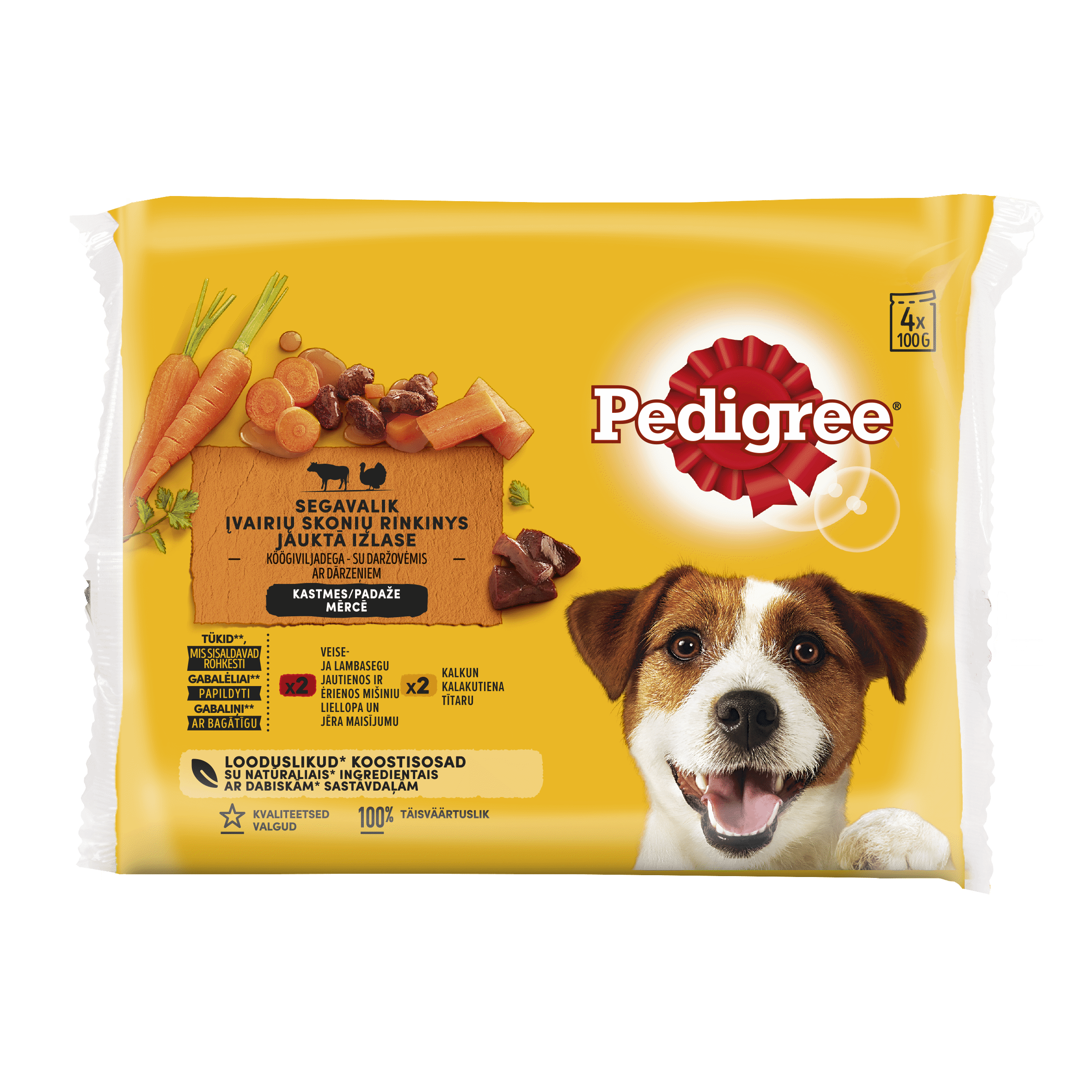 Konservuotas šunų ėdalas PEDIGREE su jaut., ėriena, kalak., 400 g