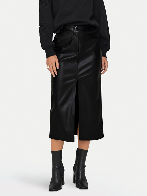 ONLY Dirbtinės odos sijonas · Juoda · Midi