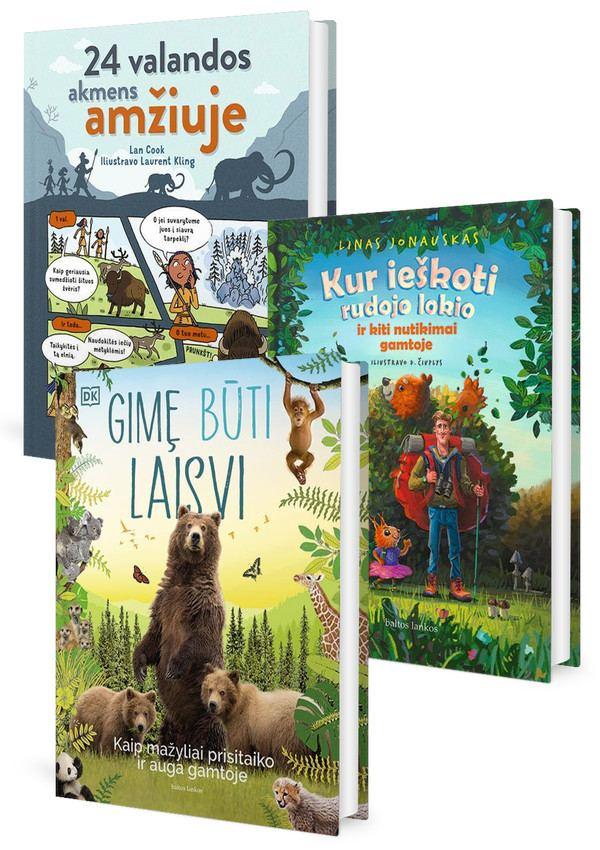 KNYGŲ RINKINYS. Pasaulio pažinimo knygos 5-8 metų vaikams. Gimę būti laisvi: kaip mažyliai prisitaiko ir auga gamtoje + Kur ieškoti rudojo lokio ir kiti nutikimai gamtoje + 24 valandos akmens amžiuje